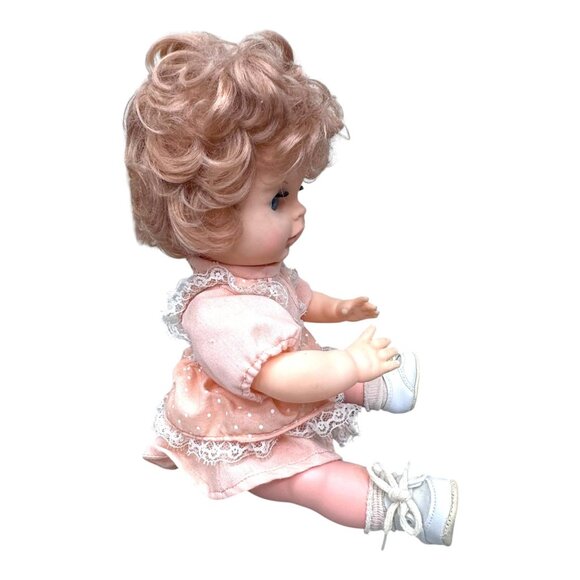 Vintage 1970s Baby Doll Blonde Curly Hair & Pink Dress 12" Sleepy Blue Eyes Girl - Picture 6 of 6